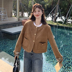 美拉德风甜酷拼接麂皮绒外套女2025春秋高级小众巨好看短夹克上衣图片