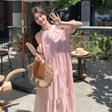 法式甜美粉色露肩挂脖连衣裙女夏2025年新款海边度假宽松雪纺长裙，女装连衣裙，芭图娜