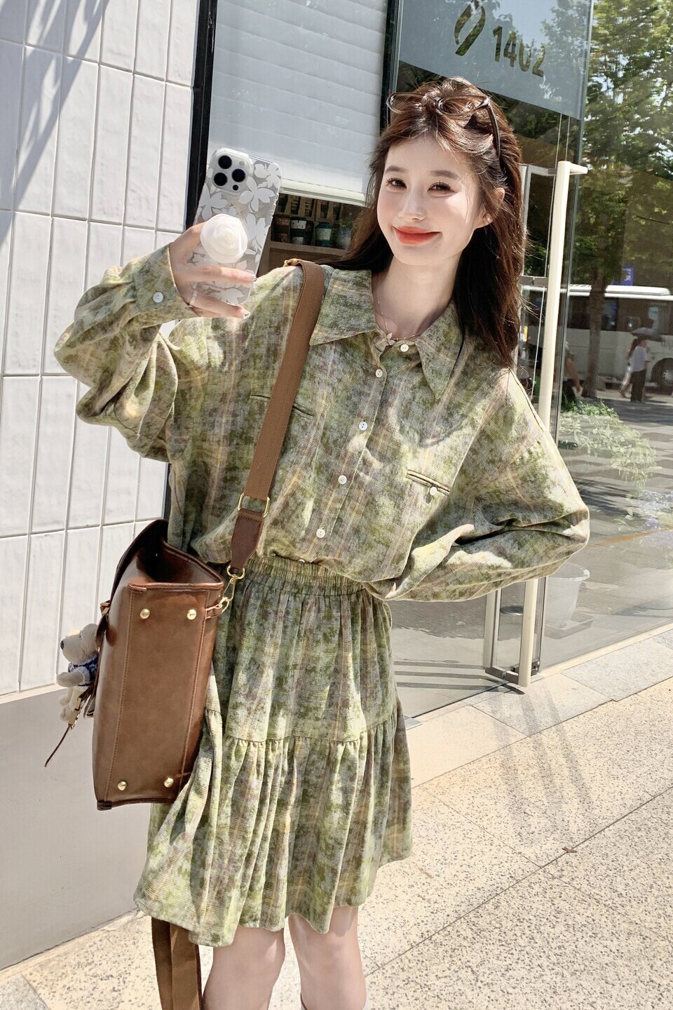 绿色格纹长袖衬衫套装裙女2025春秋新款法式漂亮宽松半身裙两件套,女装套装/套裙,芭图娜