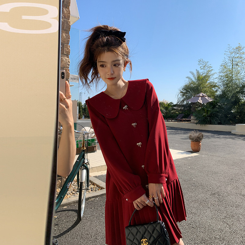 大货已出！定制蝴蝶结扣娃娃领压褶连衣裙B260-2365-P120控188,女装连衣裙,芭图娜