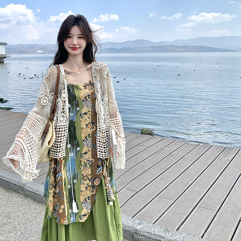 现货！数据好绿色双层连衣裙+钩花罩衫260-5067-P175K258,女装套装/套裙,芭图娜