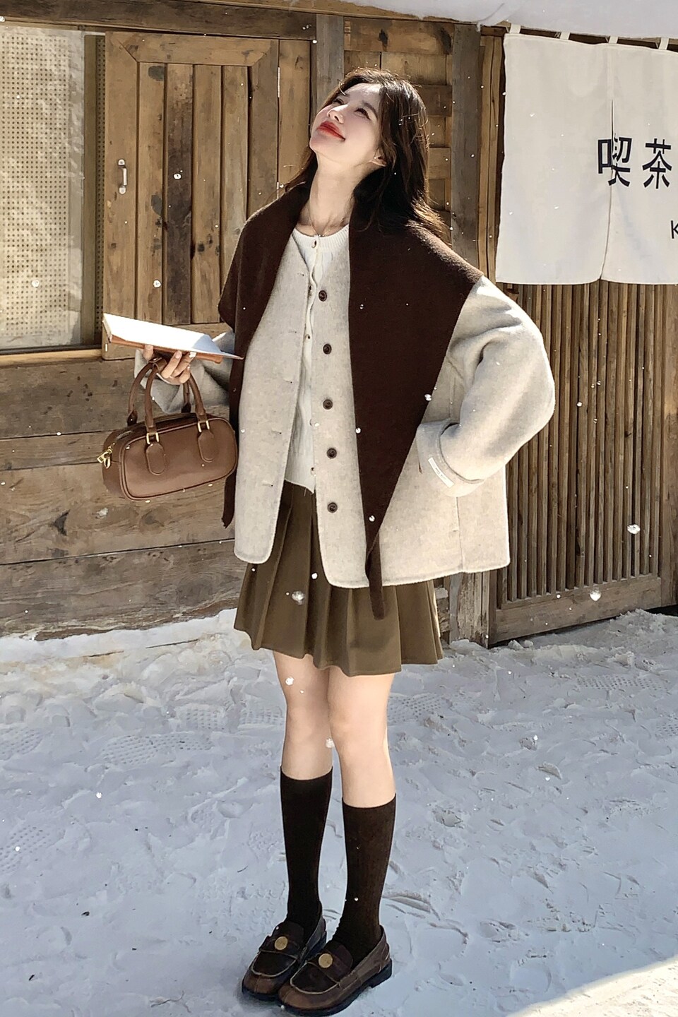 现货！披肩围巾款70绵羊毛米色双面毛呢大衣B260-5365-P275K388,女装毛呢外套,芭图娜