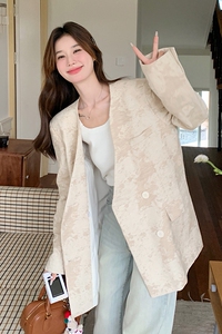 独特别致浮雕纹西装外套女2024初秋新款新中式设计感小众无领西服图片