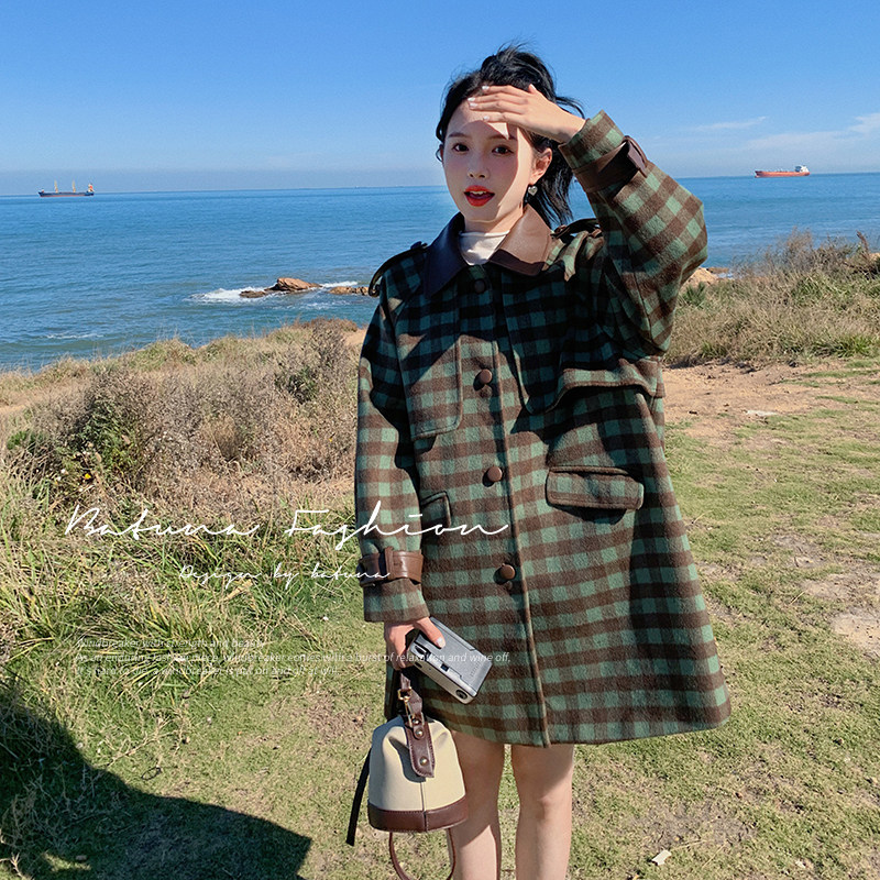 【双11可报名】大货格纹拼皮毛呢外套B260-2827-P175K258,女装毛呢外套,芭图娜