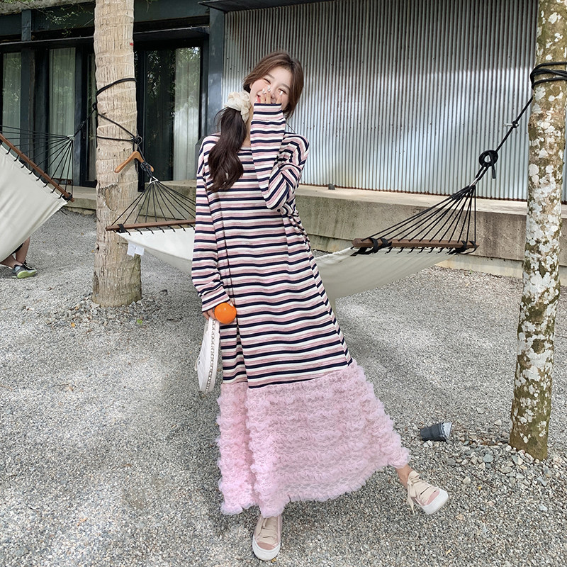 韩版显瘦条纹卫衣连衣裙女2025春秋法式新款设计感减龄宽松鱼尾裙,女装连衣裙,芭图娜