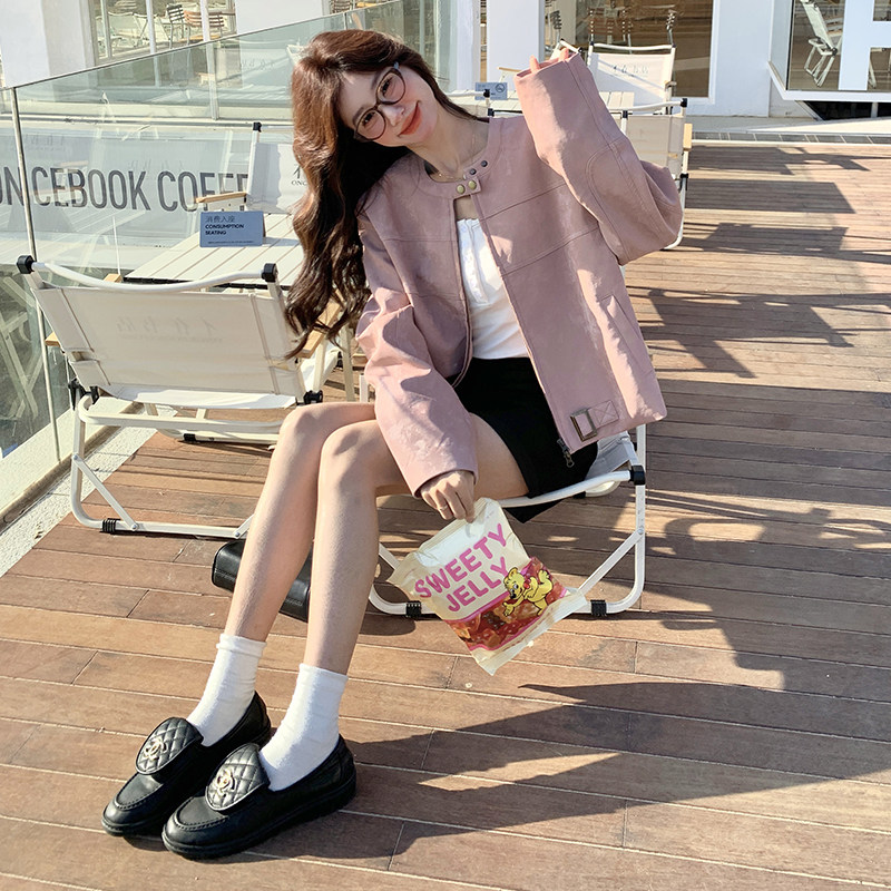 粉色皮衣外套女2025春季新款高级感炸街甜酷短款机车夹克流行爆款,女装皮衣,芭图娜