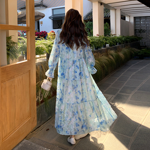 高个子蓝色法式海边度假风长裙到脚踝碎花连衣裙女宽松显瘦仙气春图片