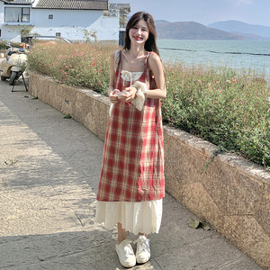 五天出货！数据好 蕾丝摆红格吊带连衣裙260-5069-P120K178图片