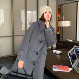 现货！灰色牛角扣连帽中长款双面羊绒大衣B260-3213-P275K398，女装毛呢外套，芭图娜