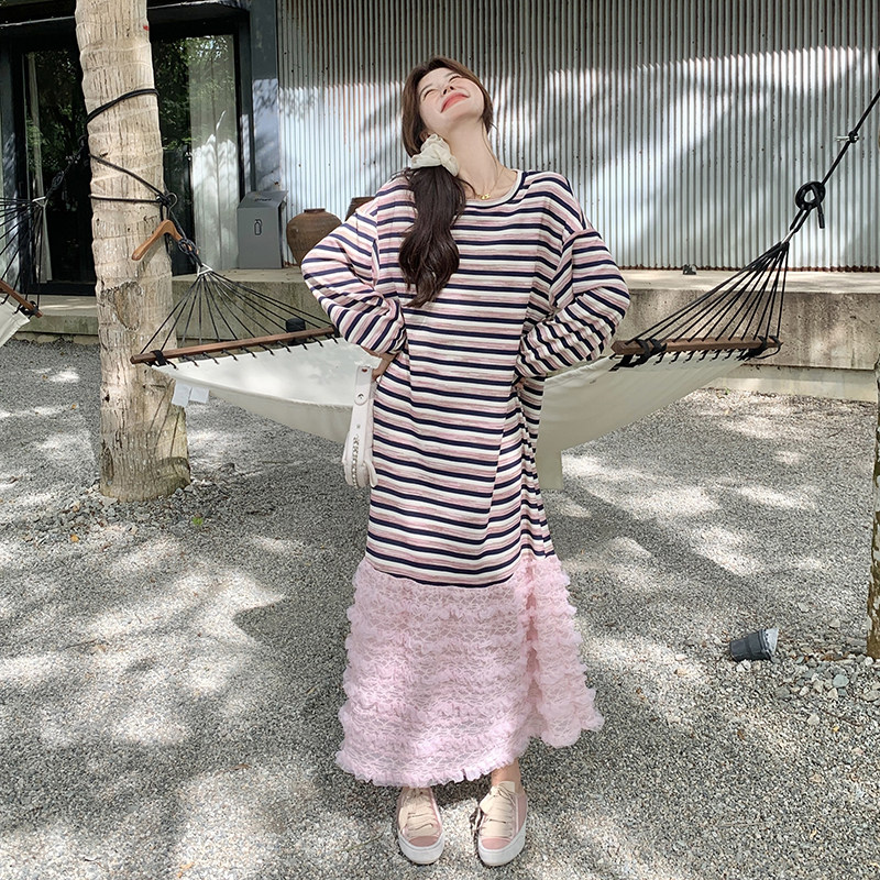 现货！定制纱裙下摆粉色条纹卫衣长裙260-3286-P115K168,女装连衣裙,芭图娜