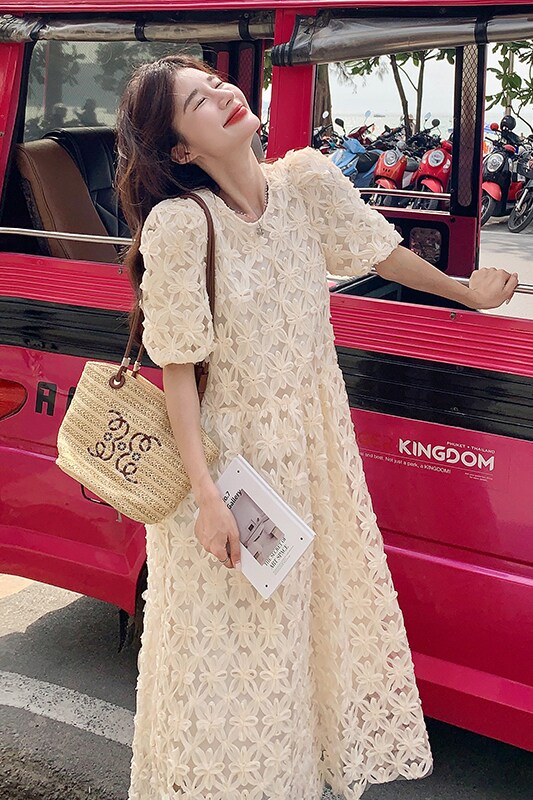 设计感雪纺镂空连衣裙女2025夏季新款蕾丝杏色复古名媛风绝美长裙,女装连衣裙,芭图娜