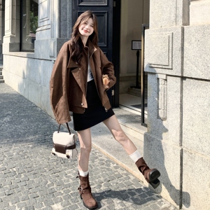 设计感咖色麂皮绒机车夹克女2025秋季新款复古时尚宽松显瘦外套潮图片