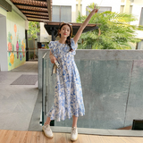新中式轻国风蓝色碎花雪纺连衣裙女夏2025新款水墨青花瓷鱼尾长裙，女装连衣裙，芭图娜