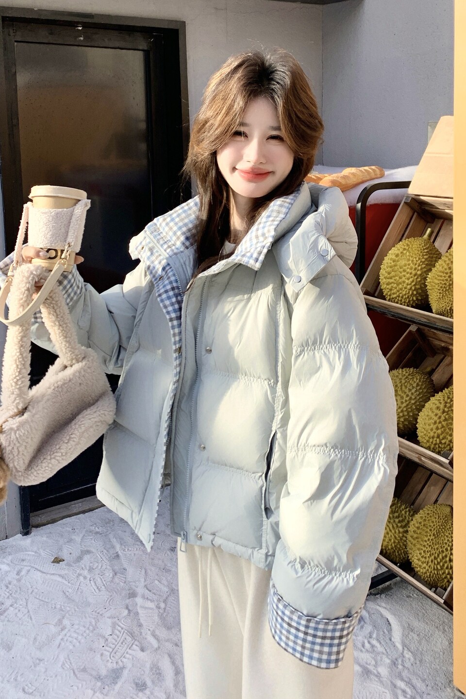 现货主推！50绒雾蓝色格纹撞色羽绒服B260-5375-P285K428,女装短外套,芭图娜
