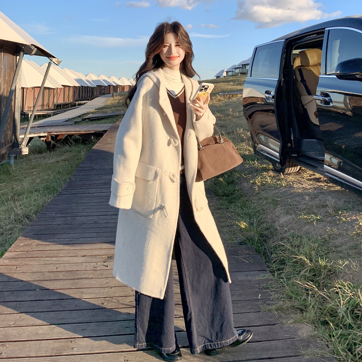 月光白牛角扣双面呢大衣B260-5307-P275K368,女装毛呢外套,芭图娜