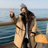 现货！摩卡棕宽松保暖皮毛一体中长款外套B260-3208-P195K288，女装皮草，芭图娜