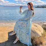 高个子蓝色法式海边度假风长裙到脚踝碎花连衣裙女宽松显瘦仙气春，女装连衣裙，芭图娜