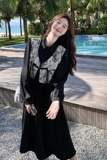新中式国风盘扣马甲配衬衫连衣裙女春秋2025新款中长裙假两件套装，女装连衣裙，芭图娜