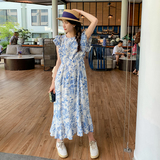 新中式轻国风蓝色碎花雪纺连衣裙女夏2025新款水墨青花瓷鱼尾长裙，女装连衣裙，芭图娜