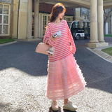 粉卫衣连衣裙2025新款女春秋温柔风拼接小个子甜美条纹休闲假两件，女装连衣裙，芭图娜
