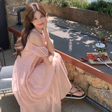 法式甜美粉色露肩挂脖连衣裙女夏2025年新款海边度假宽松雪纺长裙，女装连衣裙，芭图娜