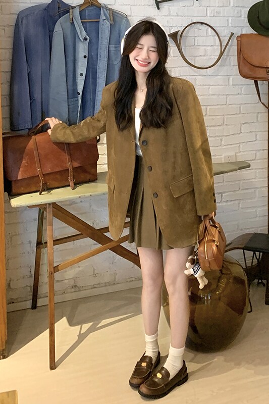 麂皮绒咖色时尚西装外套女2025春季新款小个子高级感宽松休闲西服,女装西装,芭图娜
