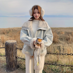 现货！水蓝色皮毛一体短外套 B260-5359-P205K288，女装短外套，芭图娜