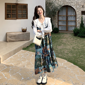 油画印花法式连衣裙女2025新款春日少女穿搭复古娃娃领假两件裙子图片