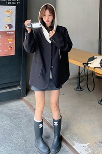 连帽西装外套女春季2025韩系高级感休闲宽松设计感假两件短款上衣图片