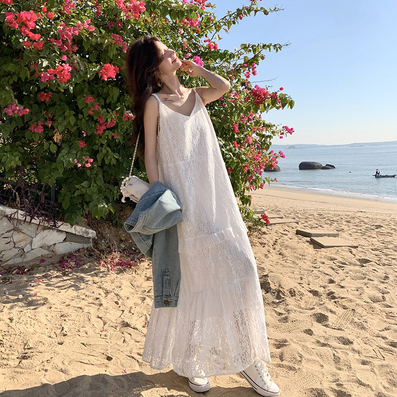 现货！超长白色水溶蕾丝吊带长裙260-5036-P125K188,女装连衣裙,芭图娜
