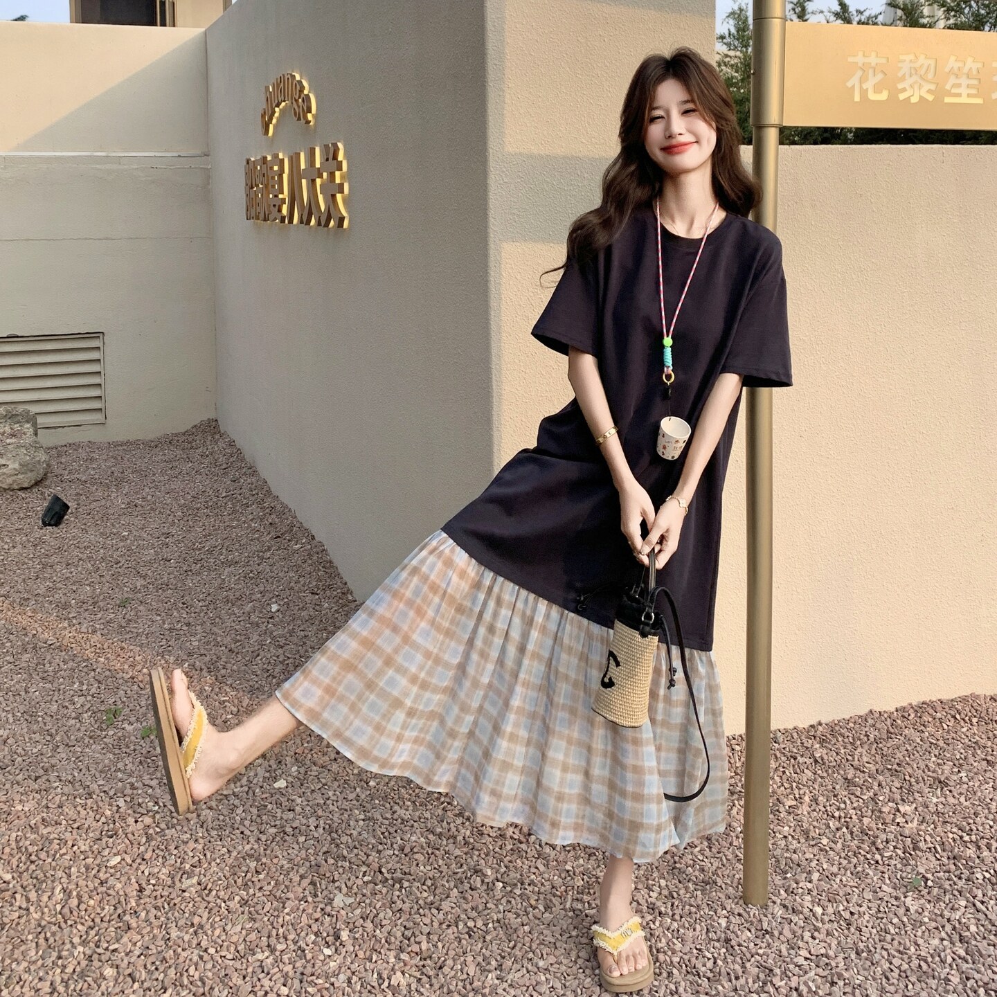 深蓝色格纹拼接鱼尾连衣裙2025新款女夏遮肉显瘦气质高级感t恤裙,女装连衣裙,芭图娜