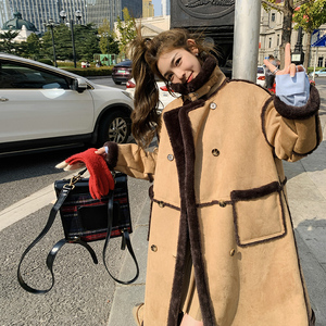 现货！摩卡棕 宽松保暖皮毛一体中长款外套 B260-3208-P195K288,女装皮草,芭图娜