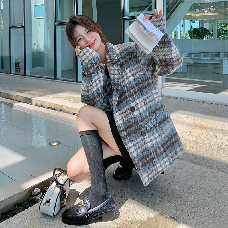 现货！24冬新款灰蓝色毛呢格纹西装260-3582-P155K228,女装毛呢外套,芭图娜