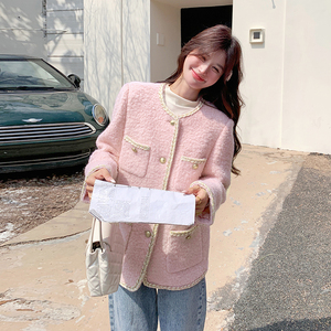 韩版甜美粉色毛呢小香风羽绒服女2025冬季新款显瘦加厚白鸭绒外套,如何搭配粉色鞋子图片
