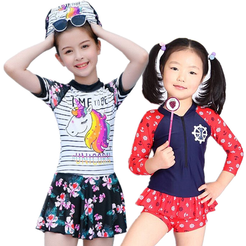 儿童长袖泳衣女时尚新款防晒保暖大童学生运动带帽温泉连体游泳装