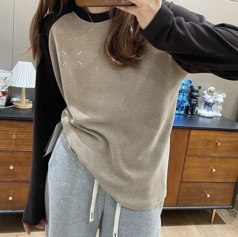 【奥绒插肩袖】小刺绣装饰奥绒插肩袖拼色包边圆领长袖t恤d669