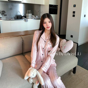 新款 LAria 冰丝V家秋季 条纹粉色系睡衣女家居服长袖 草莓瑞士卷
