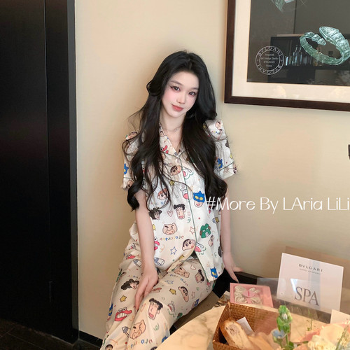 LAria蜡笔新新 性感冰丝睡衣女2026新款夏季卡通纯欲家居服三件套