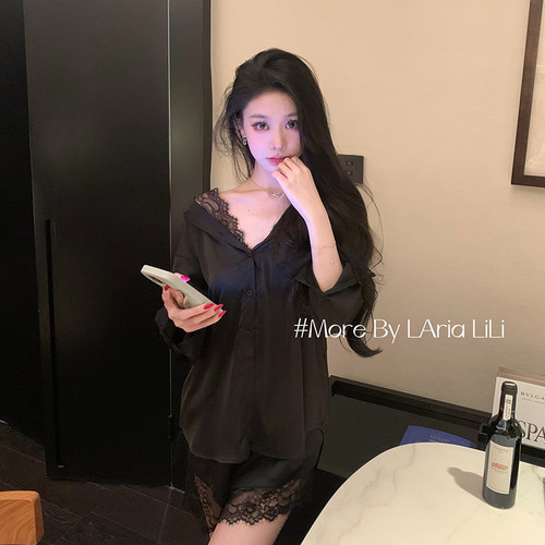 LAria隐欲之衫  蕾丝性感衬衣性感冰丝睡衣女2026新款家居服衬衫