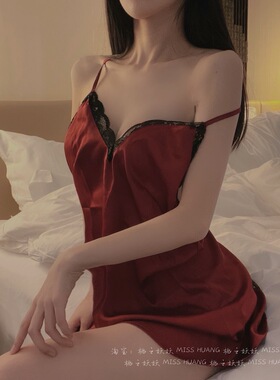 LAria*沉溺今晚 吊带纯色蕾丝冰丝绸面性感夏季短裙透视睡裙女