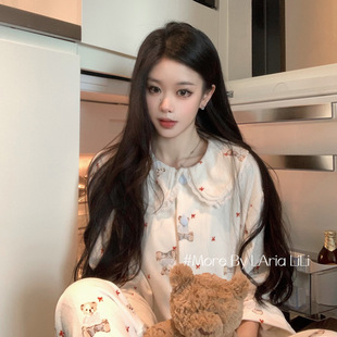 秋季 2025新款 家居服加厚海岛绒 纯欲风睡衣女秋冬款 奶蓝小熊崽