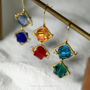 耳坠 复古黄铜短款 TIMEXX原创设计 极简方块琉璃水晶撞色手作耳环