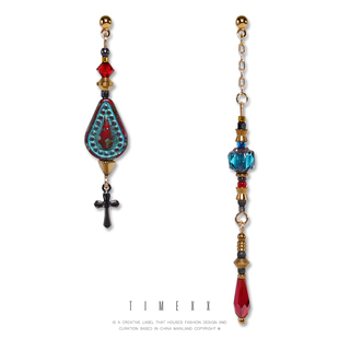 TIMEXX原创设计赤色救赎捷克珠小众手作耳环黑色十字架不对称耳饰