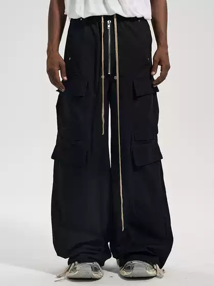 Cwhat American Dark Ro Style Retro Zipper Side Pocket Loose Floor-Length Workwear Flared Casual Pants Cargo Pants