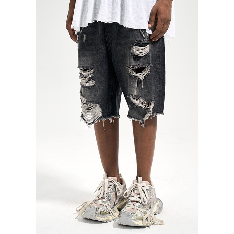 cwhat高街vibe乞丐风磨破复古男士休闲宽松夏季洗水破坏牛仔短裤