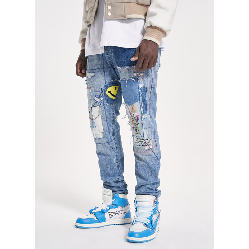 高街复古做旧花卉贴布拆解笑脸刺绣补丁男kapital风格直筒牛仔裤