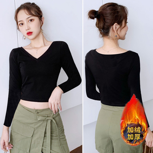 黑色长袖t恤冬露脐打底衫瑜伽舞蹈服短款加绒加厚大V领上衣女高腰