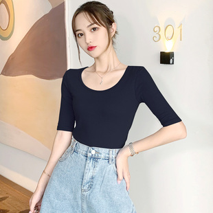黑色五分袖 瑜伽舞蹈服低圆领大U领口低胸上衣女 t恤中袖 纯棉打底衫