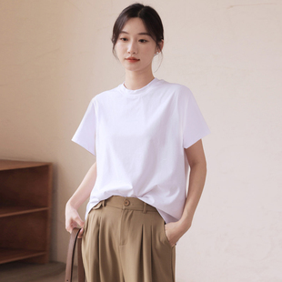 小半高领短袖t恤女外穿纯棉中领大码宽松白色T恤内搭2026春夏上衣