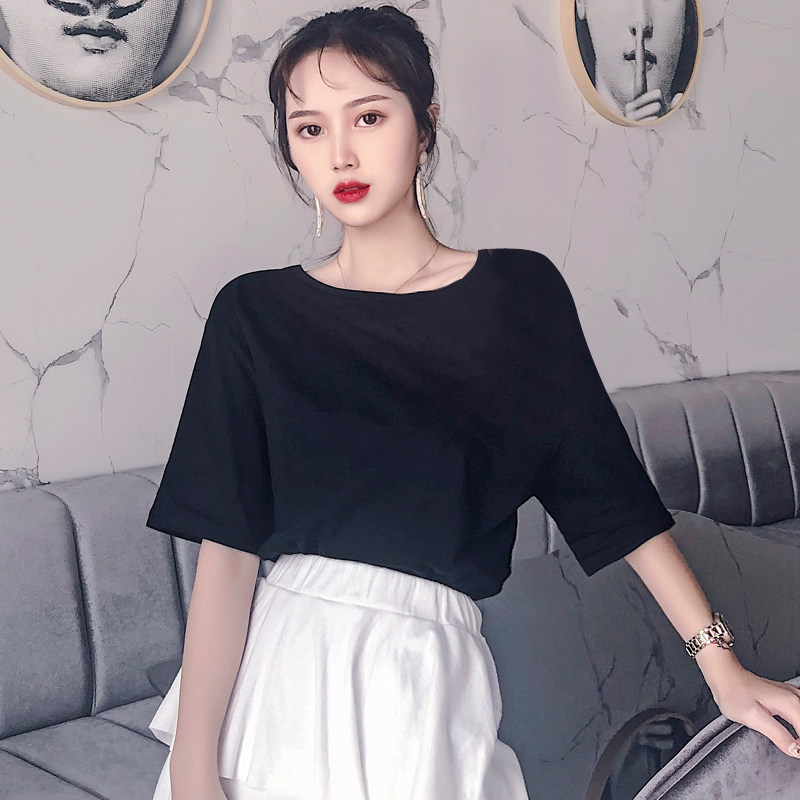 莫代尔短袖黑色宽松t恤女2025新款夏季圆领体恤冰丝面膜薄款上衣